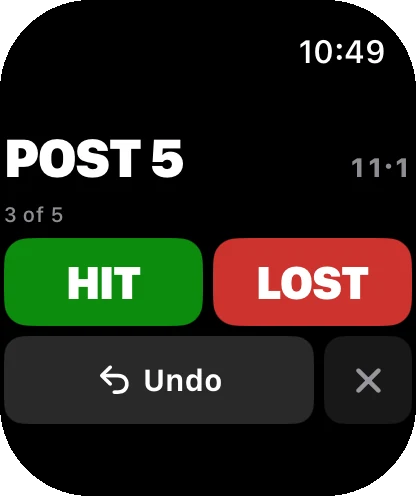 Apple Watch scoring screen: post 5, 3 of 5, Hit and Lost buttons